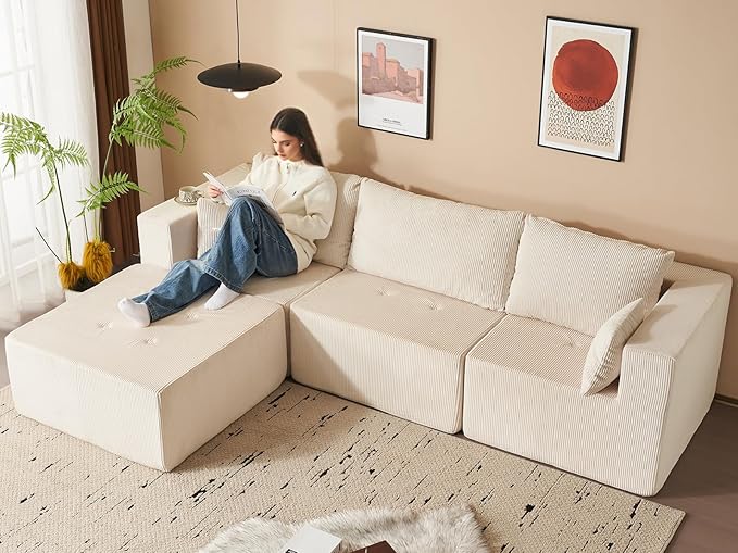 105" Cloud Sectional Sofa, L-Shape Sectional Couch, Modern Corduroy Sofa with Chaise Lounge, No-Assembly Required, Deep Seat Modular Cloud Couch for Living Room, Apartment, Beige