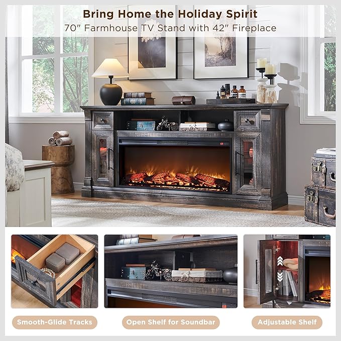 OKD Farmhouse Fireplace TV Stand for 80 Inch TV, Entertainment Center with 42" Fireplace & LED Lights, Modern Media Console Table with Storage Drawers & Cabinets for Living Room, Dark Rustic Oak