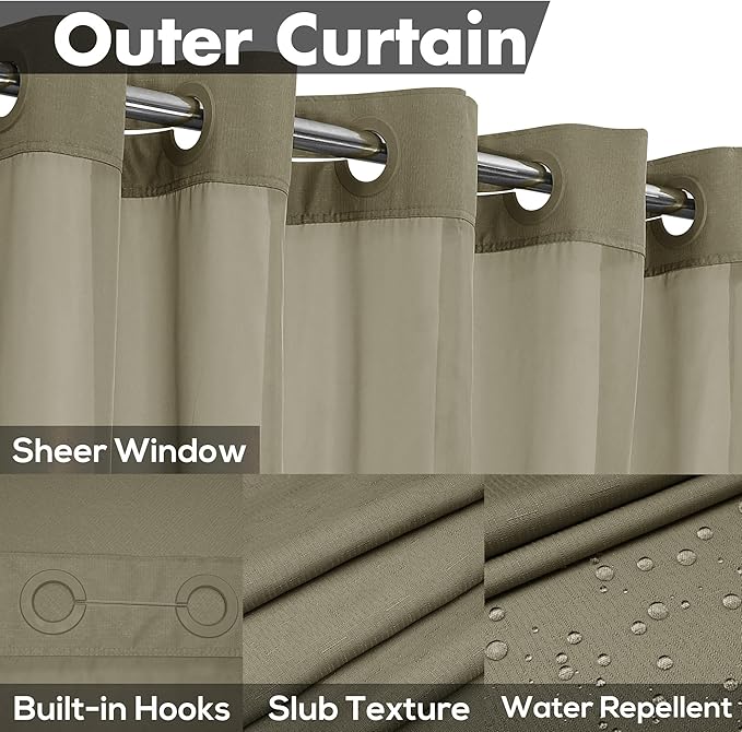 No Hook Slub Textured Shower Curtain with Snap-in PEVA Liner Set - 71" x 74"(72"), Hotel Style with See Through Top Window, Machine Washable & Water Repellent, Taupe, 71x74