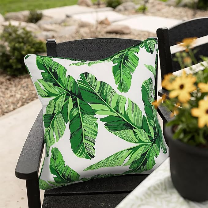 Outdoor Throw Pillow Covers 18x18 Inch, Set of 2, Cover Only! Waterproof Fade Resistant Decorative Cushion Sham Pillow Cases for Patio Furniture Chair Couch Sofa - Green Leaves White