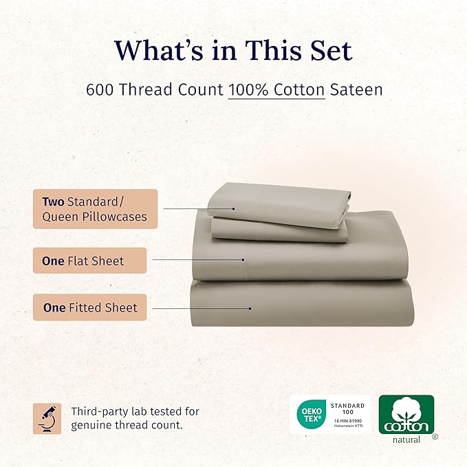 California Design Den - Luxury Full Size Sheet Set - 100% Cotton, 600 Thread Count Deep Pocket Full Size Bed Sheets, Hotel-Quality Cooling Sheets with Sateen Weave (Cool Taupe)