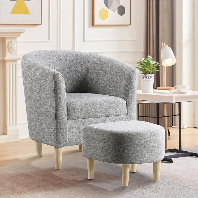 DAZONE Accent Chair with Ottoman, Mid Century Modern Barrel Comfy Fabric Armchair and Footrest Set, Upholstered Club Tub Round Arms Chair for Living Room Bedroom Reading Room, Grey