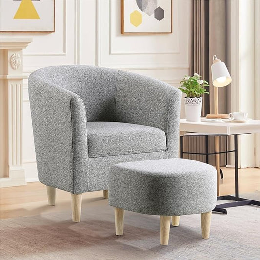 DAZONE Accent Chair with Ottoman, Mid Century Modern Barrel Comfy Fabric Armchair and Footrest Set, Upholstered Club Tub Round Arms Chair for Living Room Bedroom Reading Room, Grey