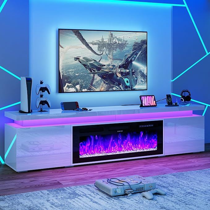 Fireplace TV Stand for 80" TV, 71" LED TV Stand with 40" Electric Fireplace & Power Outlet, High Gloss Surface, 2 Storage Cabinet, Modern Style (71 Inch, White