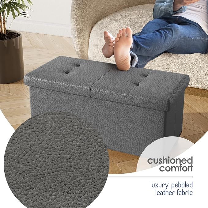 STORAGEBUD Storage Ottoman Bench with Bins, 30-in Storage Bench for Bedroom End of Bed, Folding Foot Rest Ottoman for Living Room Max 660lbs, Faux Leather Ottomans, Grey