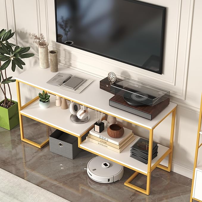 TV Stand for TV up to 60 Inch, TV Console Table with Open Storage Shelves, Industrial Media Entertainment Center for Living Room, Bedroom, Gold and White