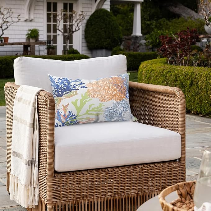 Pack of 2 Outdoor Lumbar Pillow Covers, All Weather Cushion Pillow Cases 12x20 Inch, Pillowcase for Patio Couch Decoration, Coral Multi