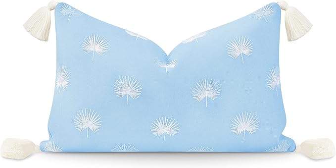 Hofdeco Premium Coastal Hampton Style Patio Indoor Outdoor Lumbar Pillow Cover Only, 12"x20" Water Resistant for Backyard, Couch, Baby Blue Embroidered Palm Leaf Tassel