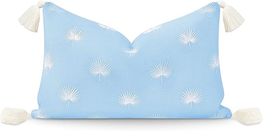 Hofdeco Premium Coastal Hampton Style Patio Indoor Outdoor Lumbar Pillow Cover Only, 12"x20" Water Resistant for Backyard, Couch, Baby Blue Embroidered Palm Leaf Tassel