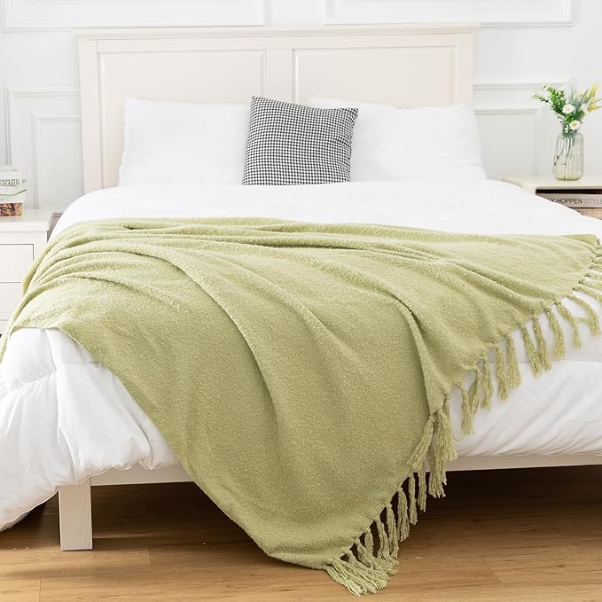 Gealaek Sage Green Throw Blanket Lightweight Fuzzy Soft Cozy Decorative Blankets for Sofa Bed Farmhouse Throw Blanket Green with Fringe 50" x 60"
