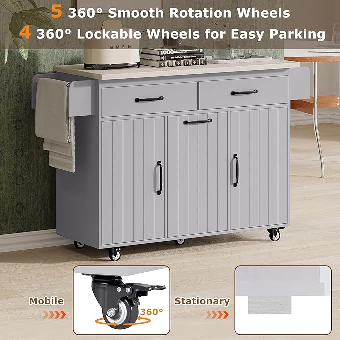 Kitchen Island with Storage & Drop Leaf, 51" Kitchen Rolling Island on Wheels with Spice Rack & Towel Rack, Kitchen Island Cart with Trash Can Storage, Grey