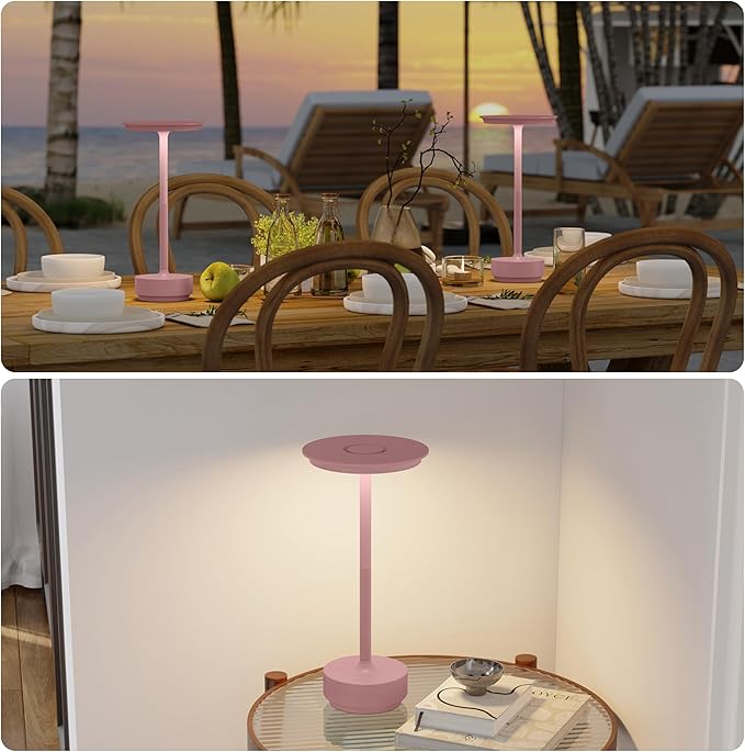 Cordless Table Lamps Rechargeable, Portable 5000mAh Outdoor Table Light, 3 Color Stepless Dimming LED Table Lamp with Memory Function, for Home/Dinner/Patio/Restaurant.(Pink)