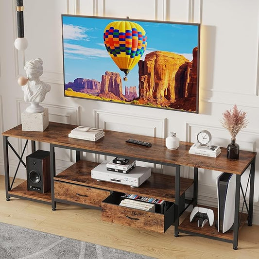 TV Stand with Fabric Drawer for 50 55 Inches TV - Entertainment Center and Industrial TV Console Table with Open Storage Shelves for Living Room, Bedroom - 47" Rustic Brown