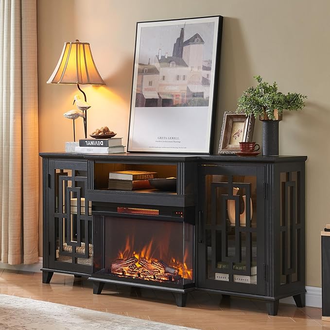 JXQTLINGMU Fireplace TV Stand for 75" TV, 32" Tall Farmhouse Entertainment Center with 26'' Electric Fireplace & LED Light, Rustic Media Console with 2 Large Storage Cabinets for Living Room, Black