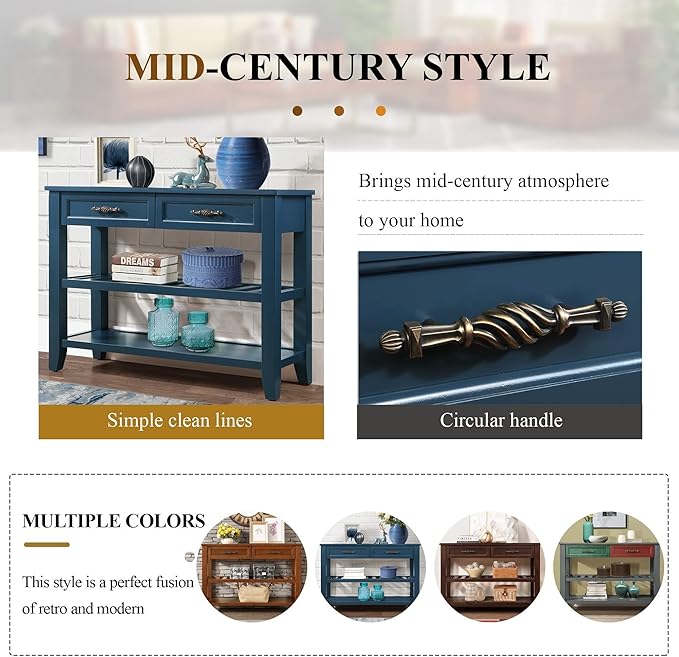 42inch Mid-Century Wood Console Table with 2 Drawers and 2 Bottom Shelf Sofa Table Solid Wood Sideboard(Navy Blue)