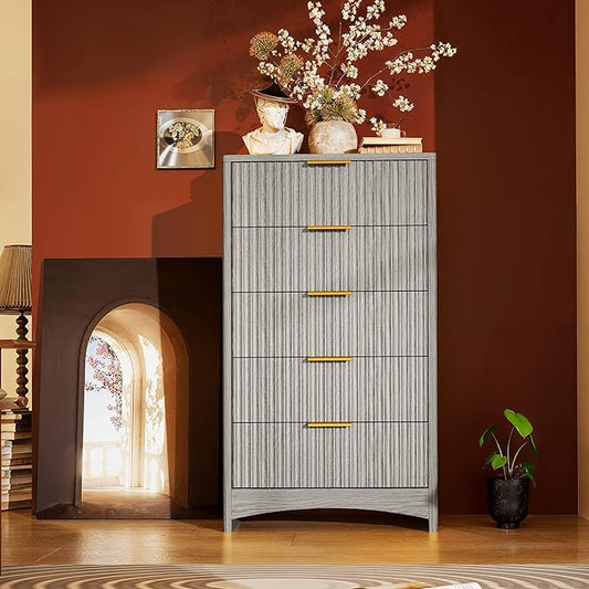 Marsail 5 Drawer Tall Wooden Dresser with Smooth-Glide Drawers, Modern Storage Solution for Bedrooms and Hallway, Featuring Large Capacity and an Elegant Natural Wood Finish, Light Grey