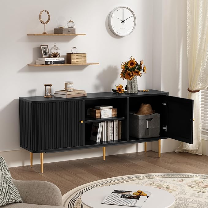 ARTPOWER 55” Fluted TV Stand, Mid Century Modern Black TV Stand for 55/60/65 inch TV, Entertainment Center with Storage, Television Stands, TV Console, Media Console for Living Room, Bedroom (Black)