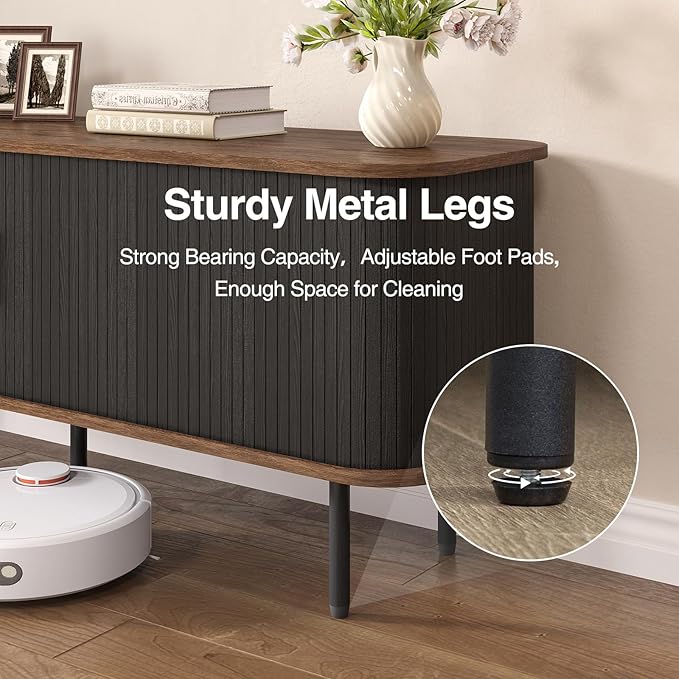 55" Modern Fluted TV Stand for TVs up to 65 Inch, Gaming Entertainment Center with Tambour Slatted Sliding Doors and Storage Cabinet, Media TV Consoles Table for Living Room, Office, Black