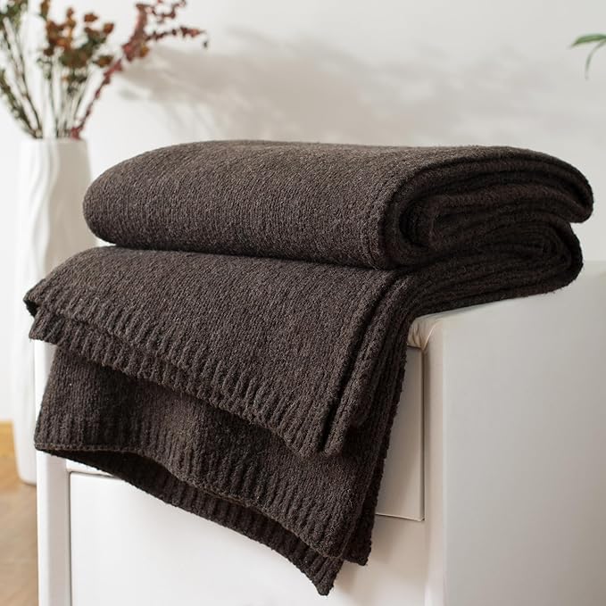 Carriediosa Wool Blend Knit Throw Blanket 50" X 60", 50% Recycled Polyester Soft Cable Knitted Fluffy Throws for Couch Lightweight Woven Blankets for Sofa Fuzzy Cozy Bed Cover, Chestnut Brown