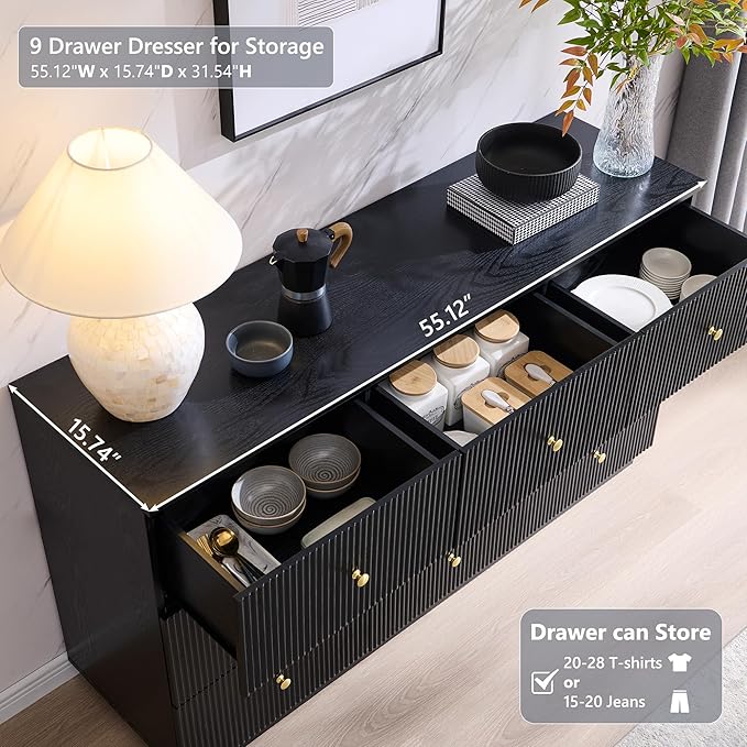 Fluted Dresser for bedroom, 55"W Black 9 Drawer Dressers, Wood Tall Dresser Storage Organizer, Modern Bedroom Chest of Drawers with Deep Storage for Closet Hallway, Entryway, Living Room Black