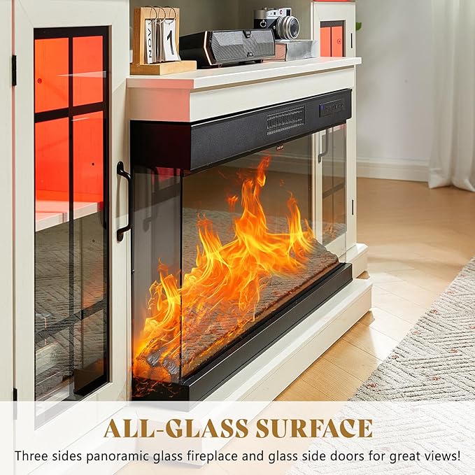 AMERLIFE 75in 3-Sided Glass Fireplace TV Stand with LED Lights for TVs up to 85", Rustic Fireplace Media Entertainment Center Console Table Cabniet with Glass Door Closed Storage, Distressed White