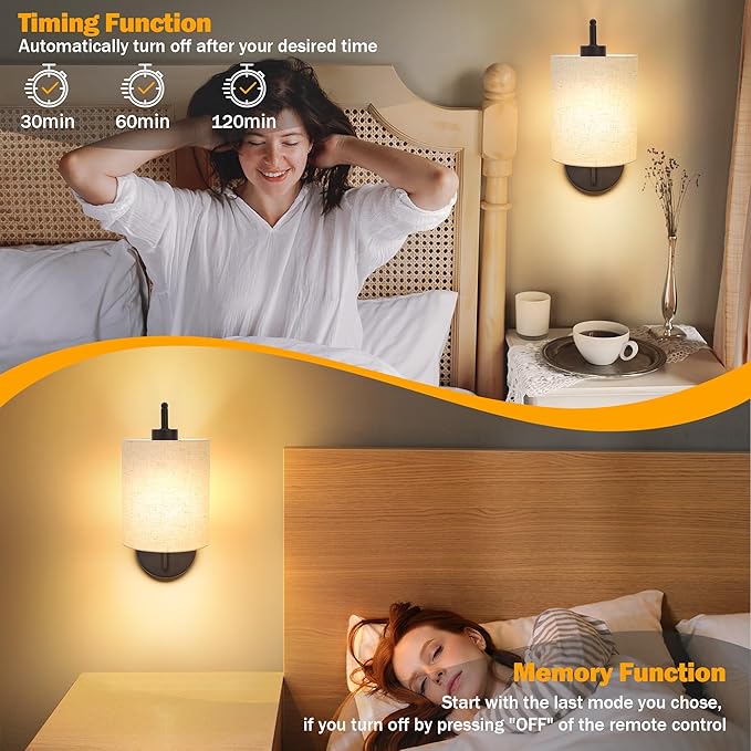 Battery Operated Wall Sconce Set of 2, Black Rechargeable Wireless Wall Light Fixture with Remote, 12 RGB Colors & Timer, Indoor Dimmable Wall Lamp with Linen Shade