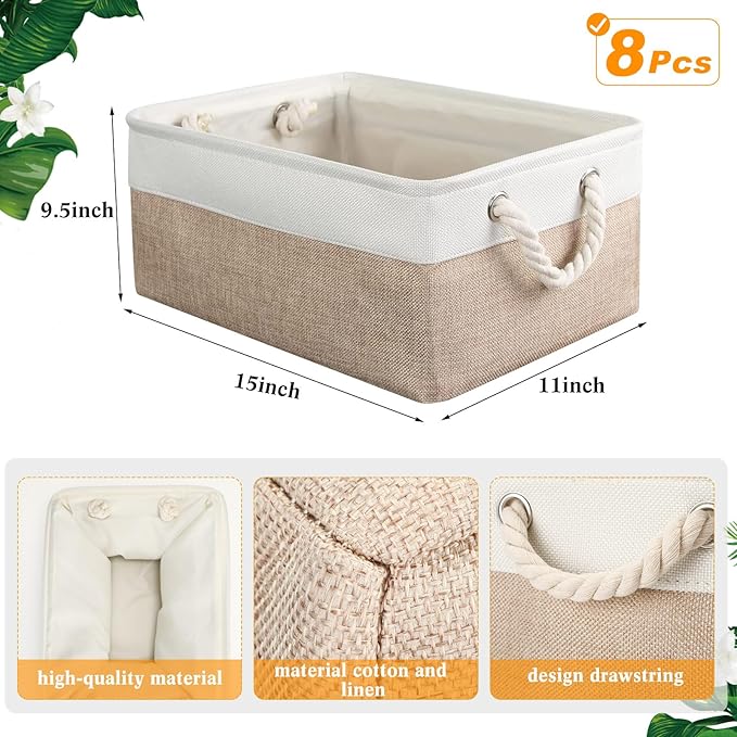 meekoo 8 Pack Collapsible Storage Bins Fabric Storage Bins Polyester Fabric Baskets with Handles Linen Closet Organizer for Shelf Home Closet Towels Toys(15 x 11 x 9.5 in,Beige)