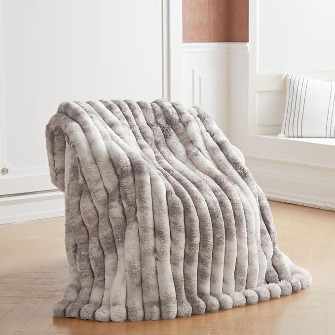 Faux Fur Throw Blanket for Couch, Cozy Warm Plush Striped Blanket for Sofa Bedroom Living Room, 50x60 Inches Taupe