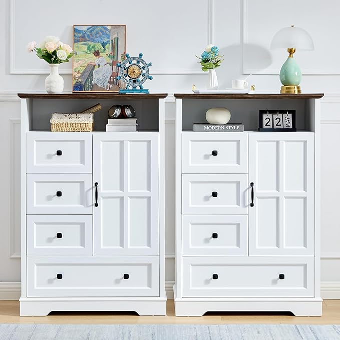 4+1 White Dresser for Bedroom, Chest of Drawers for Bedroom with Wooden Drawers and Cross Door, Wood Dressers Storage TV Stand for Bedroom, Living Room