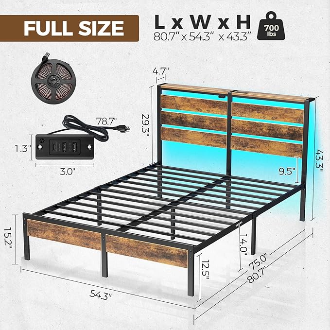 Rolanstar Bed Frame Full Size with USB Charging Station, LED Bed Frame with Wood Storage Headboard, Rustic Brown Metal Platform Bed with Under Bed Storage, No Box Spring Needed, Noise Free