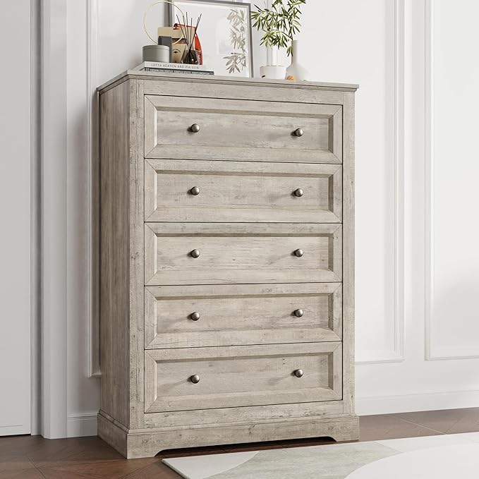 KIGOTY Dresser for Bedroom with 5 Drawers, Tall Wood Chest of Drawers, 5 Drawer Dresser Cabinets, Farmhouse Closet Clothes Organizer, Storage Cabinet with Metal Handles for Living Room (Grey)