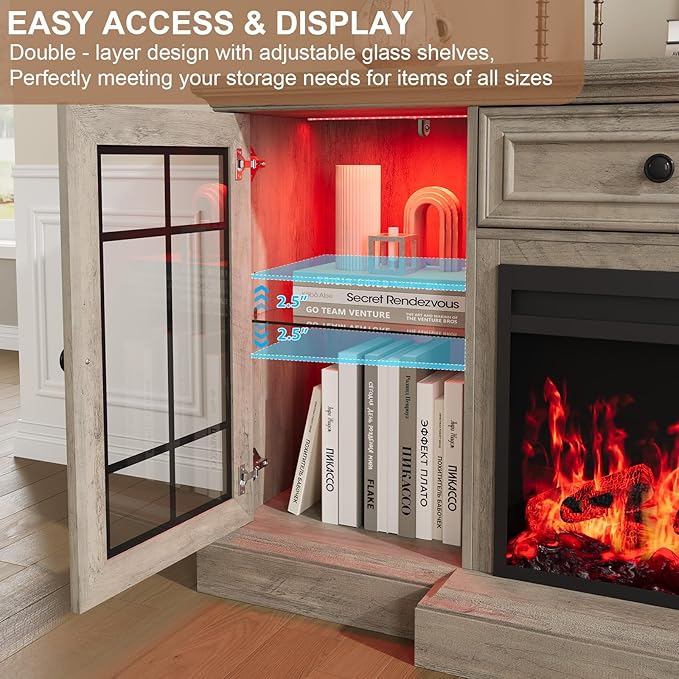 Fireplace TV Stand Up to 80" TVs, 70'' Modern Entertainment Center with 36" Electric Fireplace & LED Lights, Farmhouse Media Console with Storage Cabinet & Drawer for Living Room, Gray