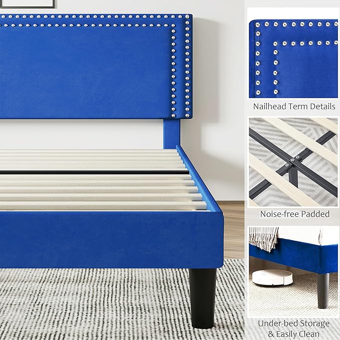 VECELO Bed Frame Full Size with Adjustable Upholstered Headboard, Wooden Slats Platform, Noise-Free Design, Easy Assembly