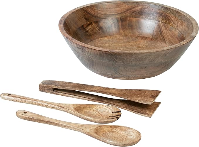 Crocon Wooden Salad Bowls Set, Round Serving Bowl for Fruits or Salads, Cereal, Corn Flake, Pasta Large Wood Serving Bowl, 10" Big Salad Bowl With Serving Utensils
