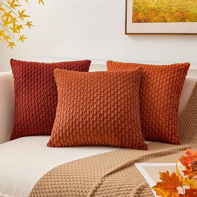 Kevin Textile Fall Pack of 2 Corduroy Decorative Throw Pillow Covers 20x20 Inch Soft Boho Striped Pillow Covers Modern Farmhouse Home Decor for Sofa Living Room Couch Bed Burnt Brick