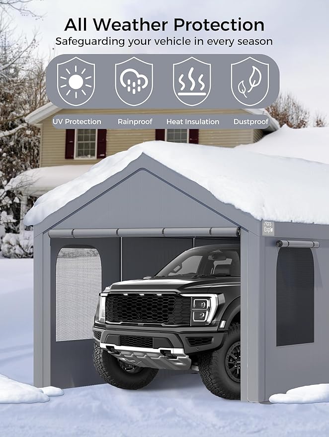 Carport, 12 x 20 FT Portable Garage Heavy Duty, Carport Canopy with Side-Opening Door & Roll-Up Windows, Car Canopy Reinforced with Extended Skirt and All Season Tarp for Car, Truck, Boat（Light Gray）