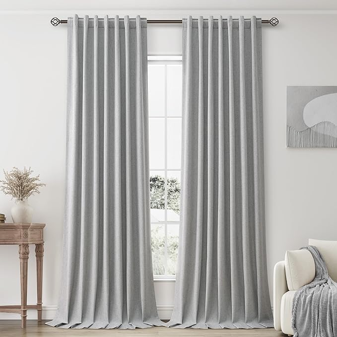 Sliver Grey Blackout Curtains 96 Inch Length 2 Panels Set for Living Room Bedroom Back Tab Thermal Insulated 100% Black Out Linen Drapes Room Darkening Window Curtains 96 Inches Long Sliver Grey