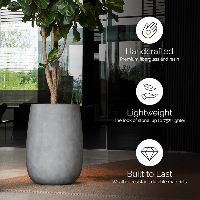 Mondo High Tall Planter – River Stone Finish – Fiberglass Indoor/Outdoor and Weather-Resistant Round Planter (17.7" D x 30.9" H Exterior, 16.5" D x 30.7" H Interior)