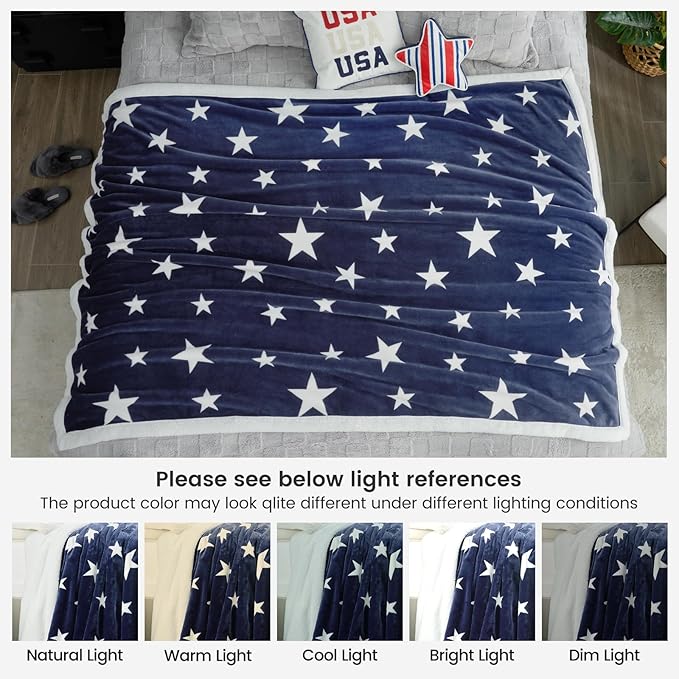 Cozy Bliss Thick Warm Sherpa Fleece Star Blanket, Double Sided Patriotic Throw Blanket Fluffy Soft Fuzzy Thick Blanket for Couch, Bed and Gifts(Navy Blue, 60" x 80")