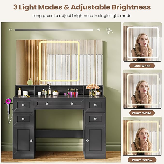 Vanity Desk with Mirror and LED Light, Large Makeup Vanity with Trifold Mirror and Charging Station, 5 Drawers for Storage, Black Modern Makeup Desk with Hidden Jewelry Hook for Bedroom, Women Girls