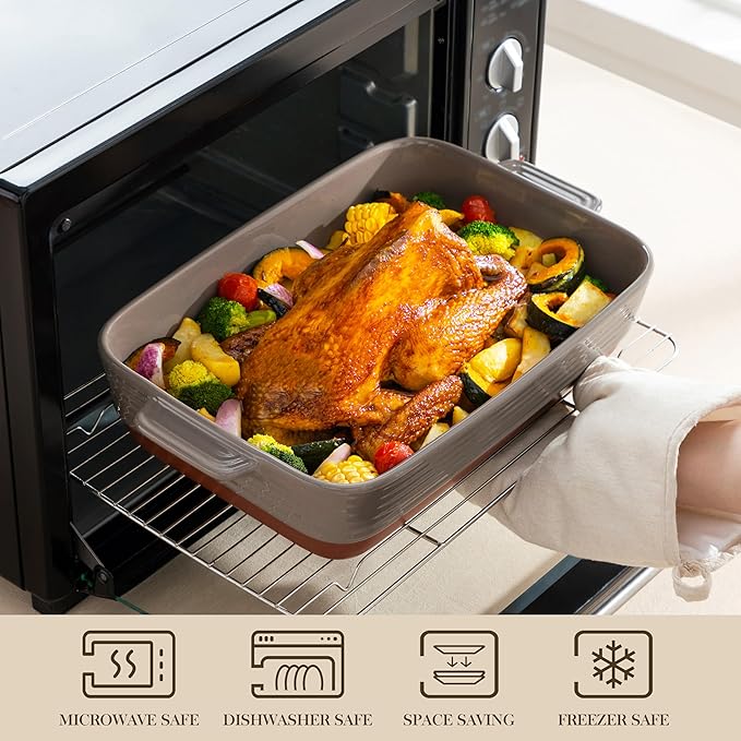 MALACASA 4.8 Qt Lasagne Dishes for Oven, 9 x 13 Inches Brown Ceramic Oven Dish with Handles, Deep Rectangular Baking Dish Casserole Dishes, Lasagna Pan Bakeware for Roasting, Series TARA