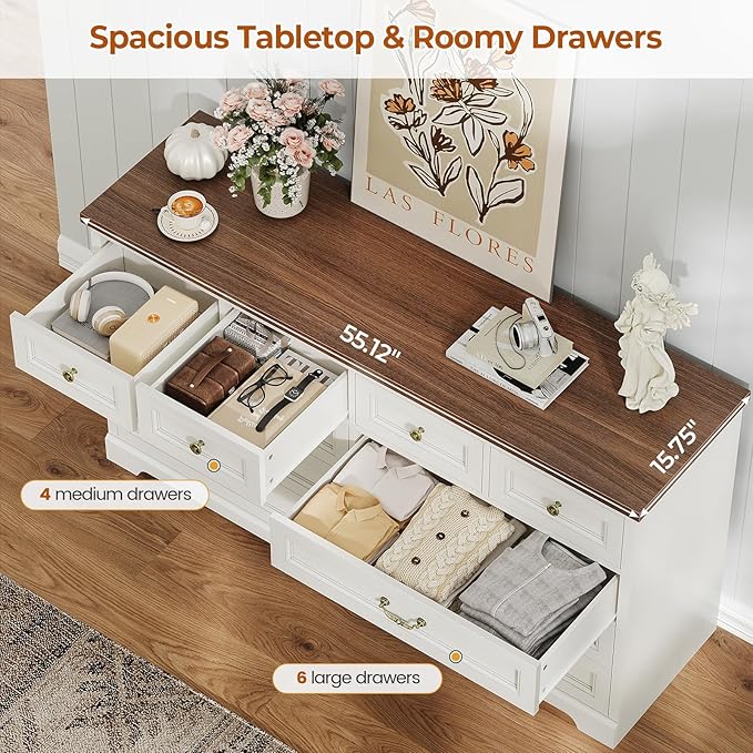 DICTAC 10 Drawers Dresser for Bedroom,55" Wide Farmhouse Dresser with Natural Texture and Vintage Metal Handles, Rustic Wood Chest of Drawers for Bedroom, Living Room, Hallway,White