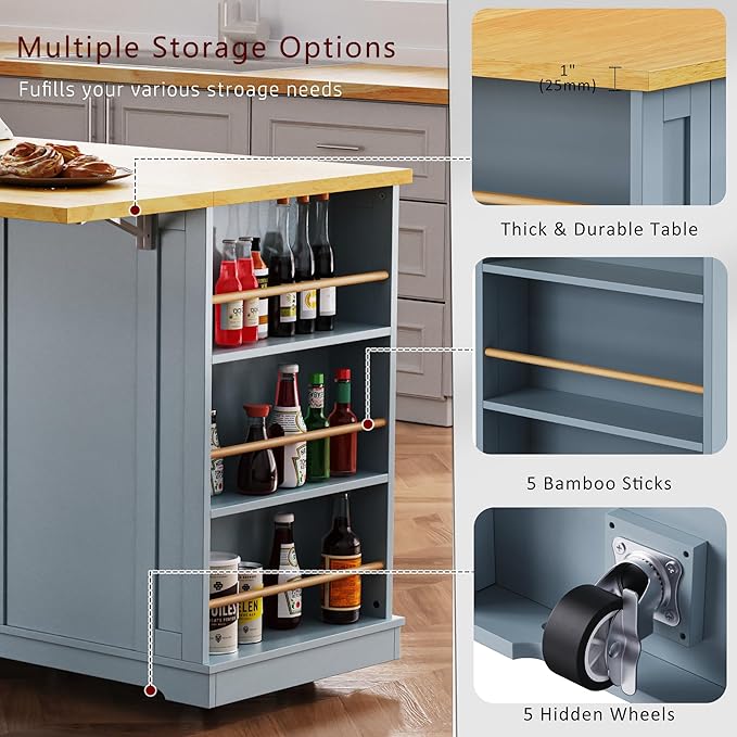 Large Kitchen Island Cart on 5 Wheels with 2 Bar Stools, Power Outlet, Drop Leaf, 3 Drawers, Kitchen Storage Cart with 5 Open Side Racks for Kitchen, Dining Room, Home Bar Grey Blue