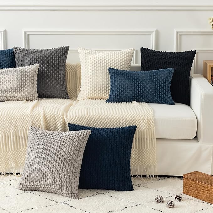 Kevin Textile Decorative Throw Pillow Cover Striped Corduroy Plush Texture Velvet Euro Cushion Cover for Bed 24 x 24 Inch (60cm) Set of 2 Cream