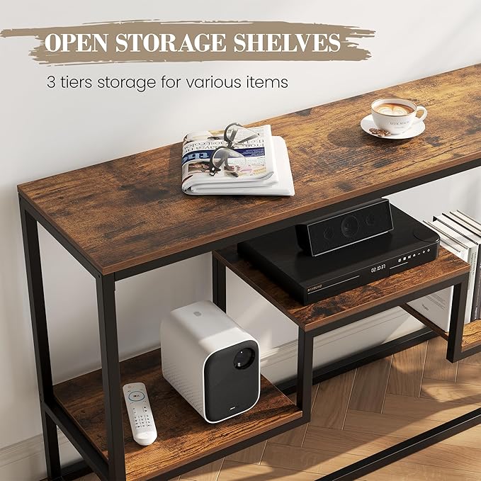 TV Stand for TVs up to 65 Inch, TV Console Table with 3-Tier Open Storage Shelves, Modern Industrial Entertainment Center for Living Room, Bedroom, Rustic Brown
