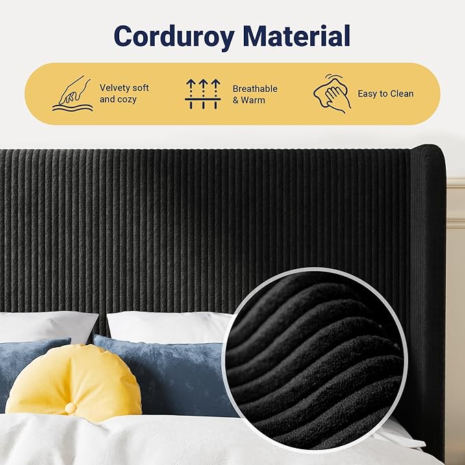Allewie Full Size Bed Frame with Upholstered Wingback Headboard, Vertical Channel Tufted Corduroy Velvet Platform Bed, Strong Wooden Slats Support, No Box Spring Needed, Easy Assembly, Sturdy, Black