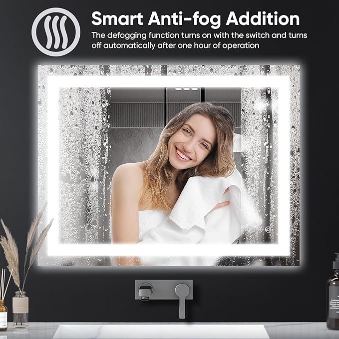 Antok 30"x 40" LED Bathroom Mirror with Lights, Anti-Fog, Dimmable, Lighted Vanity Mirror with Tempered Glass, Memory Function, 3 Light Modes, Safe Use, Horizontal, Vertical