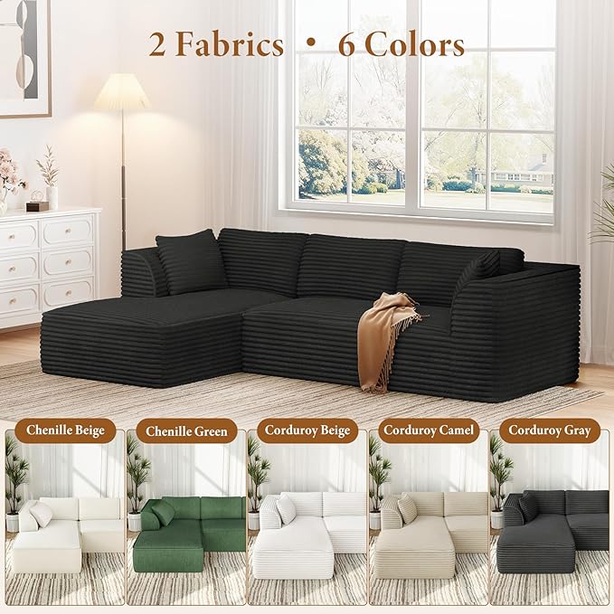Vesgantti 106" Boneless Couch with Chaise, Deep Seat Comfy Cloud Modular Sofa Corduroy Memory Foam Sectional Couches for Living Room Bedroom, No Assembly Required (Black, Left-Facing Chaise)