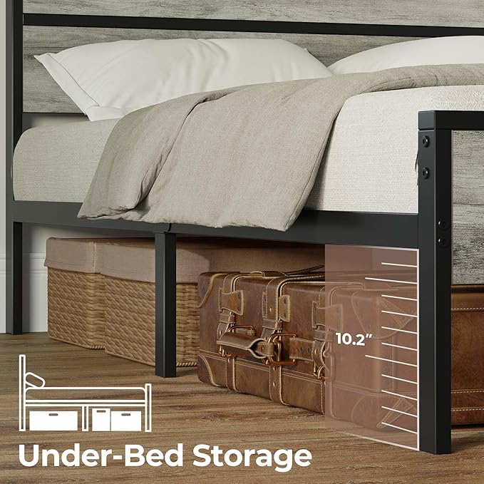 Rolanstar Full Bed Frame with Headboard, Bed Frame Full with LED Lights, Camas Full Size Bed with Charging Station, Solid Metal Slats, Noise Free, No Box Spring Needed, Grey