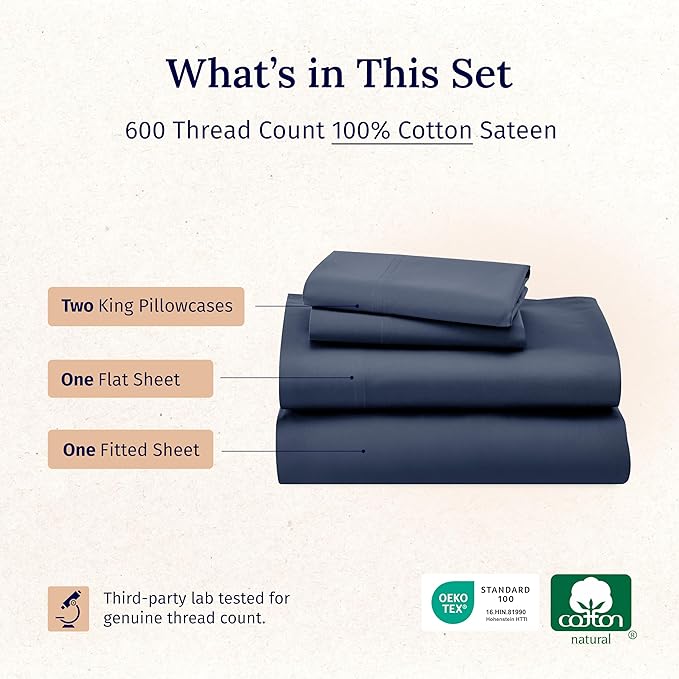 California Design Den Luxury King Size Sheet Set - 100% Cotton, 600 Thread Count Deep Pocket King Sheets, Hotel-Quality Bedding with Sateen Weave - Royal Navy Blue